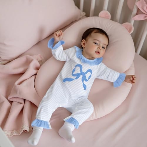 Seyurigaoka Newborn Baby Girl Fall Clothes Bow Striped Smocked Romper Long Sleeve Ruffle One Piece Going Home Outfits3