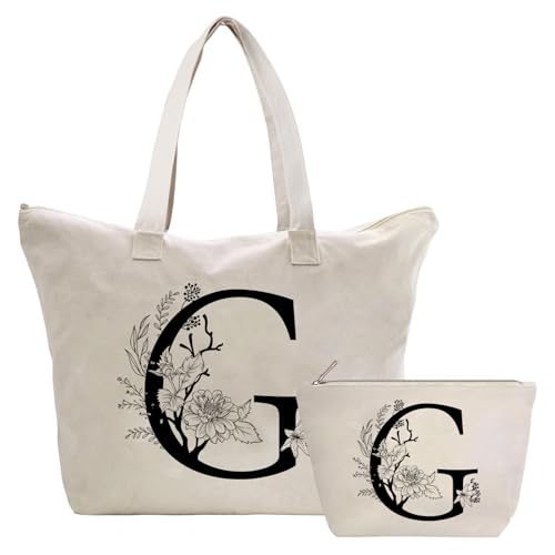 Toozen Personalizadas Bolso Tote de Mujer con Inicial, Bolsa de lona con Bolsillo Interior, Bolsa de Compras con Bolso de Cosméticos, Regalos para Damas Mejor Amigas Mamá, Regalo Cumpleaños Navidad G