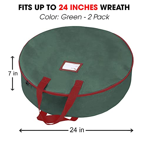 Primode Christmas Wreath Storage Bag 24" - 2 Pack Artificial Wreath Container - Garland Holiday Xmas Wreaths Holder - Sturdy Handles - Inner Straps - Card Slot Dual Zipper Strong Oxford (24 Inch, Green) #TOP1