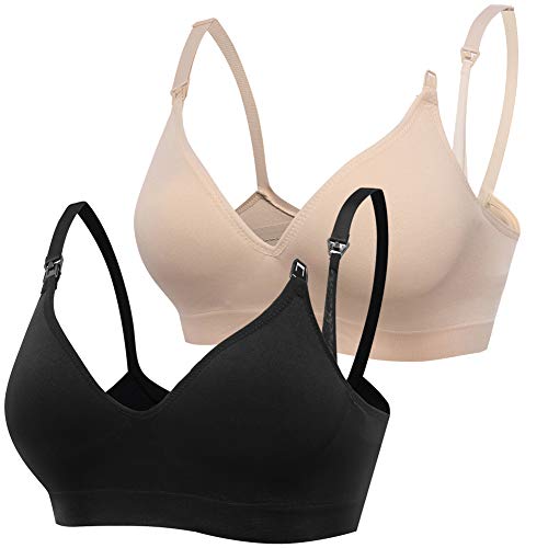 Derssity Women's Wireless Nursing Bra Plus Size Soft Maternity Bra for Breastfeeding, Black/Beige, L-Fits for 36CD 38ABC