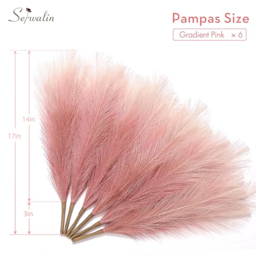 Image of Serwalin Gradient Pink Pampas Grass Decor, 17.7 Inch 6pcs Faux Pampas Grass, Artificial Pampas Grass for Wedding Table Centerpieces Decoration