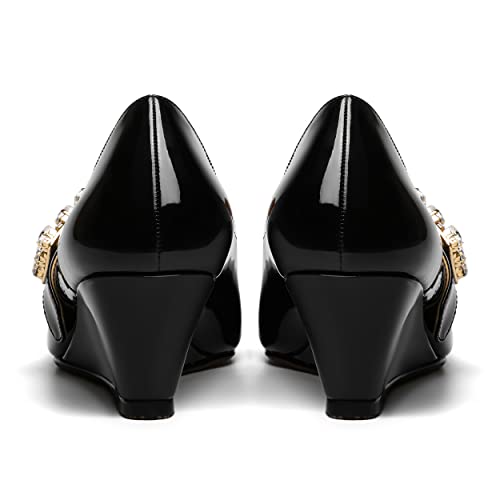 NUMALEO Womens Bungee Rhinestone Dating Solid Patent Square Toe Ankle Strap Cute Wedge Low Heel Pumps Shoes 2 Inch4