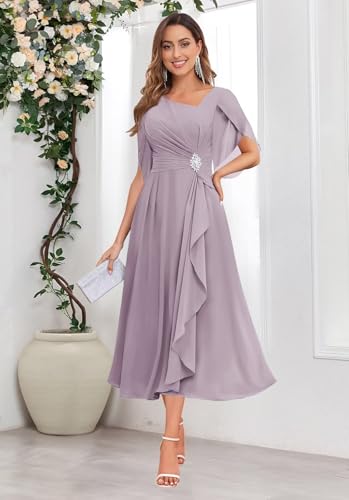 Tea Length Mother of The Bride Dresses for Wedding Beaded Chiffon Flutter Sleeve Formal Dress3