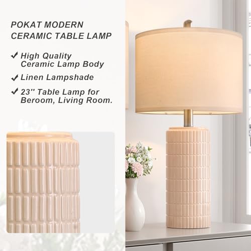 Image of PoKat 23 inch Pink Ceramic Table Lamps Set of 2, Modern Bedroom Lamps for Girls Room, Bedside Lamps for Night Stands, Cute Lamps for Living Room Decor, Nightstands Desk Lamp, Pink