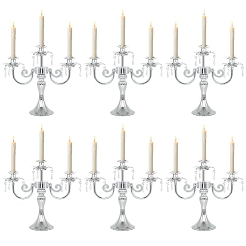 Image of Metal 3 Arm Taper Candlestick Stand with Crystal Pendants - 11.8 Inch Tall Candle Holders, Elegant Centerpieces Candelabra for Wedding, Dining Table, Christmas Party (6Pcs, Silver)