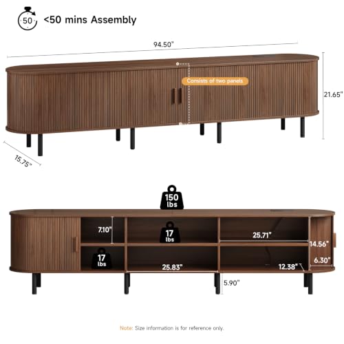 Image of ONBRILL 94.5 inch TV Stand with Power Outlet for TVs up to 102 Inch, Entertainment Center with Storage and Adjustable Shelves, Modern Media Console with Sliding Doors for Living Room, Walnut
