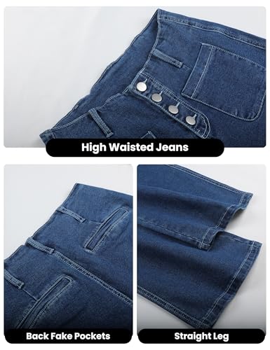 Omoone Wide Leg Jeans for Women High Waisted Stretchy Straight Leg Cropped Denim Pants Buttoned Baggy with Patch Pockets2