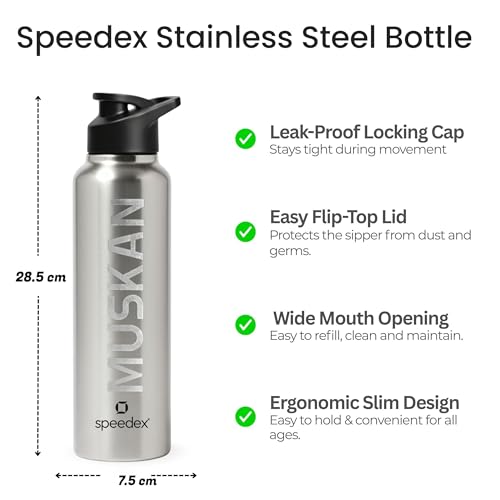 Image of Speedex Engraved Name Stainless Steel Sipper Water Bottle 1 Ltr - Customised Personalised Bottle for Kids & Adults, School, Gym, Sports, Black, Set of 1 (Silver, Set Of 1)
