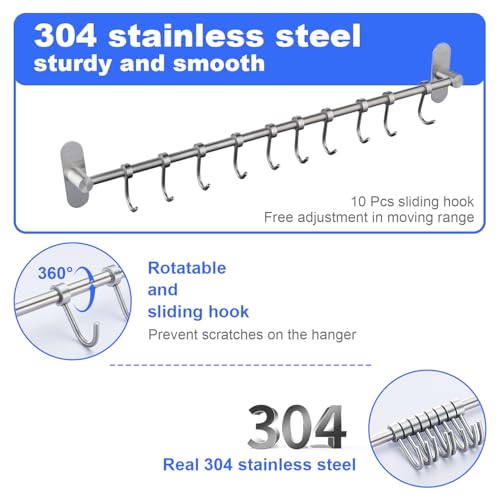 Kelelife Geschirr hängende Rack mit 10 abnehmbaren Haken keine Bohrung, Edelstahl Küche Schiene Pfanne Hanger Wandmontage Organizer für Werkzeuge, Handtücher, Töpfe, Mäntel, Hüte gebürstetes Nickel