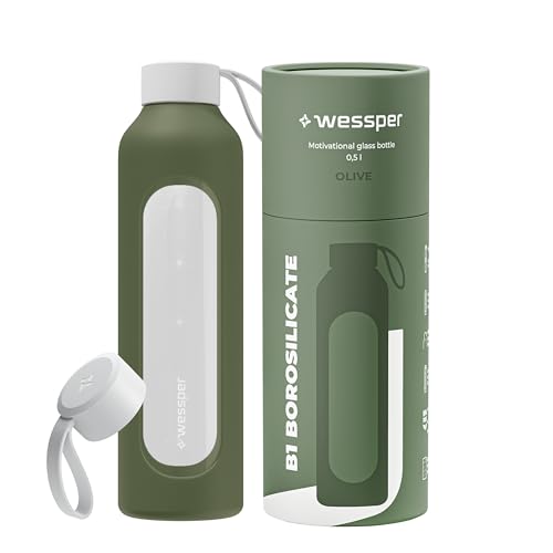 Wessper Botella de Agua Cristal, Botella 500 ml Motivadora con Escala de Hidratación, Botellas de Vidrio Borosilicato con Funda de Silicona, Material Seguro sin BPA - Oliva