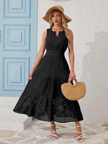 Image of Women 2025 Summer Maxi Dress Casual V Neck Sundress Sleeveless Hollow Out Eyelet a Line Long Flowy Beach Vacation