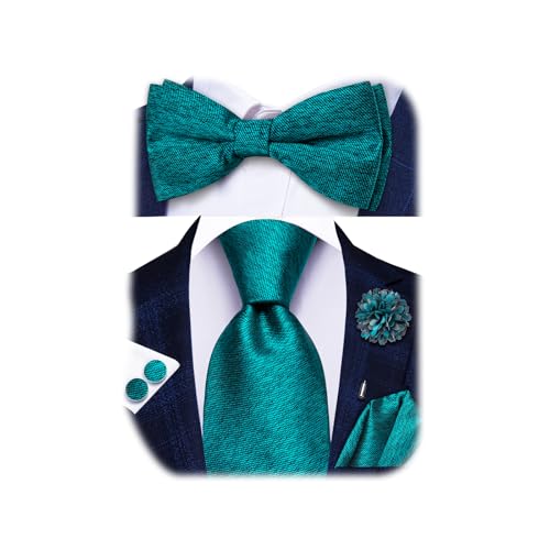 Image of Hi-Tie 5Pcs Mens Solid Color Silk Tie Satin Pretied Bowtie Lapel Pin for Men Handkerchief Cufflink Wedding Gift Box