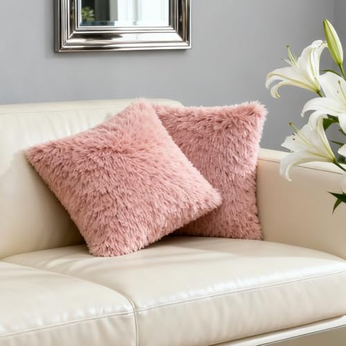 Xqzbmt 2-Pack Faux Fur Cushion Covers 45x45cm - Pink Fluffy Pillow Decor Soft Plush Cushion Covers Only for Sofa & Bedroom 18x18inches