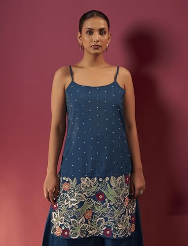 Image of Arangya Women's Embroidered Strappy Kurta & Flowy Palazzo with Organza Dupatta l Designer Ethnic Suit Set l Outfit