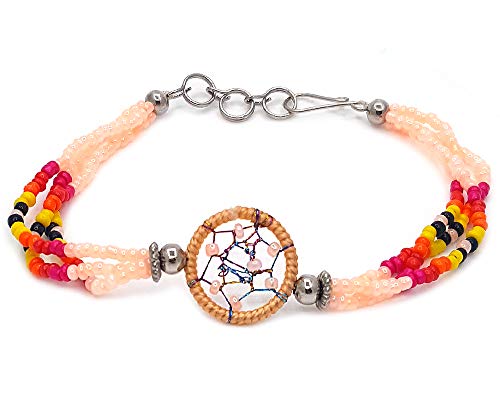 Mia Jewel Shop Native American Inspired Round Thread Dream Catcher Multicolored Seed Beaded Multi Strand Bracelet - Womens Southwest Fashion Handmade Jewelry Boho Accessories (Peach)