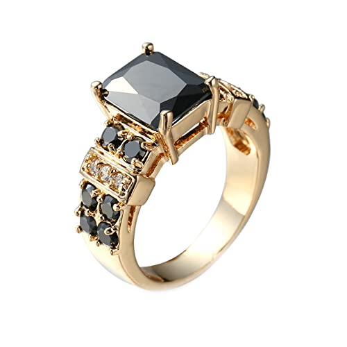 Lieson Bague Femme, Bague De Fiançailles Plaque Or Bague Zirconium Femme Anneau Noir Rectangulaire Rétro Bagues Femme Taille 51.5