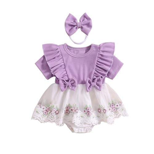 KMBANGI Newborn Baby Girls Romper Dress Flower Embroidery Ruffle Short Sleeve Crew Neck Tulle Jumpsuits Bow Headband Summer (Purple, 0-3 Months)