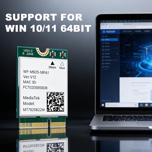 Tarjeta de Red Inalámbrica WiFi 7 MT7925 BE6500, M.2 2230, Bluetooth 5.4, Tri-banda 6G/5G/2.4GHz, 802.11be OFDMA, Compatible con Intel y AMD, Windows 11/10 de 64 bits miniatura 5