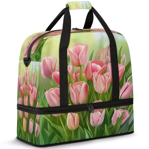 Large Weekender Overnight Bags Travel Duffel Bag for Women Men Flower Tulip Pink Gym Bags With Shoe Compartment Foldie Travel Tote Bag Carry On Personal Item Bag for Travel Gym Sports