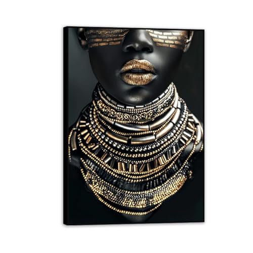 Toile femme africaine fleur MOBYAT cadre noir de salon 42x30cm