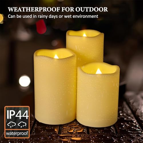 Image of Weatherproof Flameless Candles with 6 H Timer-1000 Hours Long Life, Waterproof Battery Operated Flickering LED Pillar Candles,Outdoor Candles for Chiristmas Thanksgiving Halloween （ 4 inch 5 inch 6 inch Ivory)