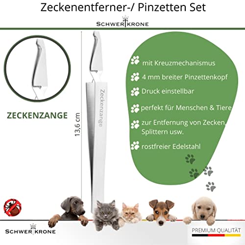 Schwertkrone® Zeckenzange 4er Set [Premium Edelstahl] - Zeckenzange für Hunde, Katze & Mensch - Zeckenpinzette Mensch & Tier - Zeckenhaken für Hunde - Zeckenzange Kinder - Zeckenset 4-teilig