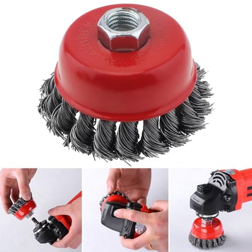 Image of ChgImposs 2 Pcs 3 inch Cup Wire Brush, 0.02 inch Twisted Knotted Carbon Brush Wire with 5 /8 inch-11 (M14) UNC Threaded Arbor for Rust, Corrosion, Paint Removal. Wire Cup Wheels for All Brands 4-1 /2 Angle Grinder