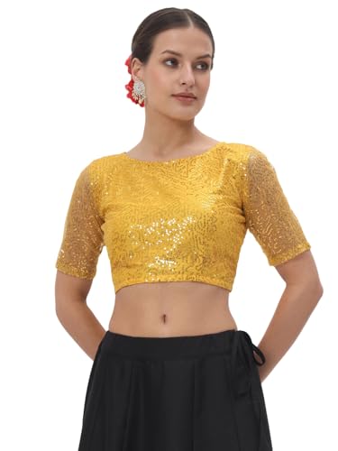 Image of studio rasa Women's Net Sequin Embroidered Sheer Sleeves Readymade Saree Blouse for Wedding Festive Party
