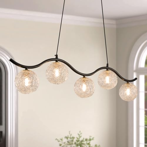 Image of Modern Linear Globe Chandelier Black 5-Lights Dining Room Chandeliers Over Table Mid Century Linear Chandelier Adjustable Height Clear Glass Globe Pendant Light for Farmhouse Kitchen Island