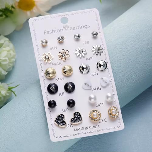 Image of 12 Pairs Trendy Stud Earrings Set with Crystal and Pearl, Heart, Flower, Star and Geometric Styles