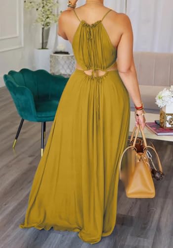 Image of Unybwonn Womens Summer Dress Spaghetti Strap Halter Sleeveless Sexy Cutout Boho Maxi Sundress Beach Vacation Dresses