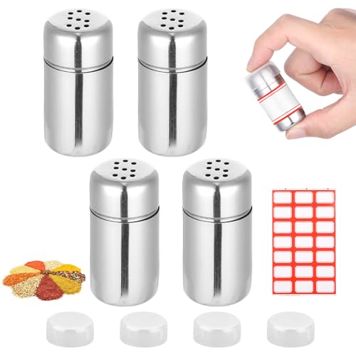 4 Stück Mini Salzstreuer für Unterwegs, 15ml Edelstahl Salzstreuer Klein mit Deckel, Mini GewüRzstreuer Camping, Geeignet für Küchen, Restaurants, Camping und Grillabende im Freien (4 S-Loch)