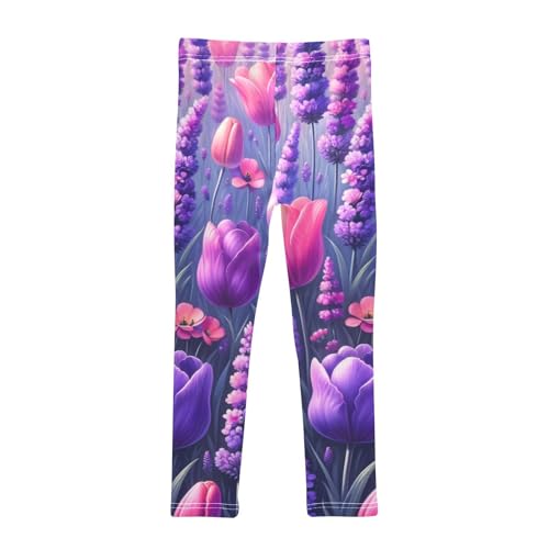Pink Tulip Purple Lavender Girls Leggings Stretchy Dance Pants for Kids2
