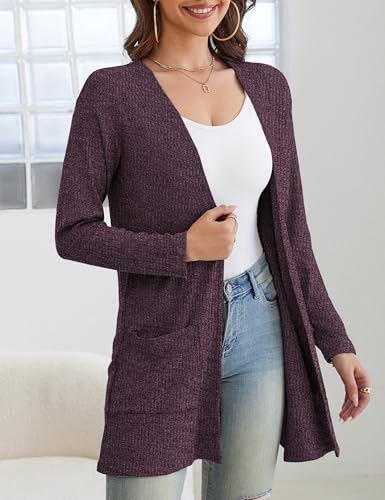 Image of OmicGot Women's Open Front Casual Long Sleeve Knit Classic Sweaters Cardigan with Pockets Mulberry S