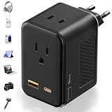 US to Europe Travel Adapter Voltage Converter, 220V to 110V International Power Converter Adapter Combo Plug, PD 20W Quick Charging, 2 USB-A & 2 USB-C Port, US to Italy Spain France European (Black)