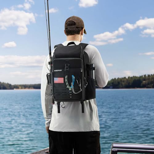 Image of Piscifun Fishing Tackle Backpack with Rod & Gear Holder, Lightweight Outdoor Water-Resistant Fishing Shoulder Storage Bag with Protective Rain Cover, Black