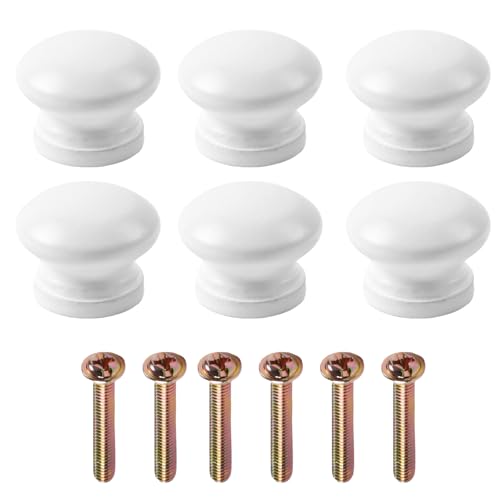 Image of Daleweo 6 Pcs Wooden Cabinet Knobs with Screws 30mm*20mm, Round Wood Handles, Drawer Knobs Natural Unfinished Wood Cupboard Knob Handles for Furniture Wardrobe Office Dresser Drawer Pull (White)