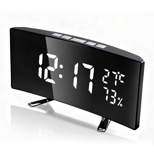 FunceTends Digital Alarm Clock for Bedrooms, Bedside Clock with Modern Curved Design, USB-Powered, Showing Temperature, Date, Humidity, Automatic Dimming at Night, 3 Alarms, 12/24h
