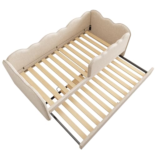 Miniatura 8 de Kebnor Cama Tapizada Daybett 90x190cm, Cama De Día Sofá Cama Con Cama Desplegable 90x190cm, Cama Para Niños Con Somier, Sin Colchón Lino, Beige
