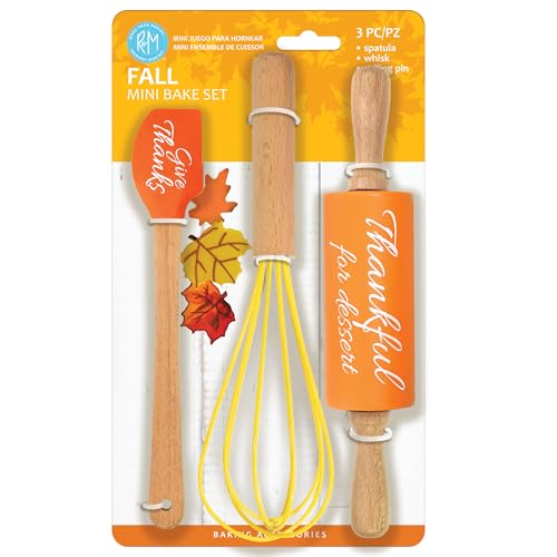 R&M Fall Holiday 3 Piece Mini Bake Set – Spatula, Whisk & Rolling Pin – Thanksgiving Baking Gift For Kids And Home Bakers
