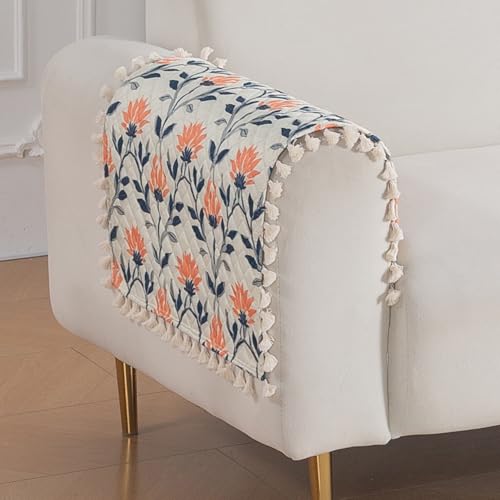 Image of HOKIPO Folk Garden Quilted Sofa Armrest Cover Mat - 1 Pair | 'Tassel Twigs' Series (IN-987-T9*2)