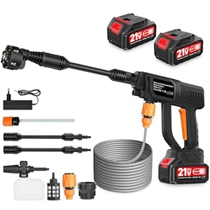 Akku Hochdruckreiniger,120Bar Tragbarer Kabelloser Druckreiniger,Mobiler Hochdruckreiniger mit 6-In-1 Verstellbare Düse,2x3.0Ah Akkus,5M Schlauch,Akku Druckreiniger für Auto Garten