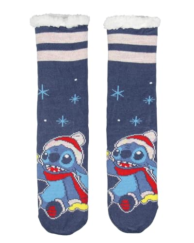 Disney Lilo and Stitch Adult Christmas Stitch Sherpa Lined Home Thick Slipper Socks With Non-Slip Sole For Women or Men