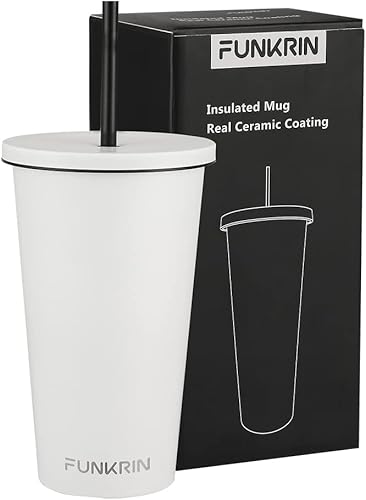 Funkrin Taza de café aislada con tapa y pajilla, taza de viaje con revestimiento de cerámica de 18 onzas, botella de agua reutilizable de acero