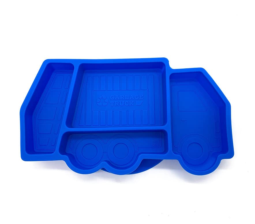 Our Little Cubs Garbage Truck Kids Plate Suction for Baby and Toddler - Kids Plates - Divided Toddler Dinnerware Set Construction Microwave Dishwasher Safe - Blue