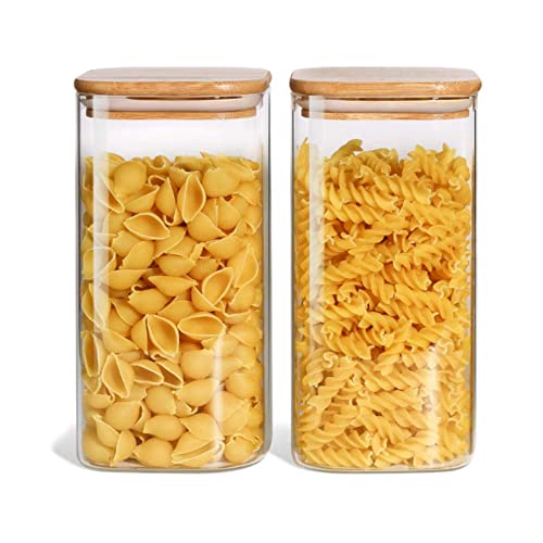 Image of ComSaf Airtight Glass Storage Canister with Wood Lid (50oz), Clear Food Storage Container Jar with Sealing Bamboo Lid for Noodles Flour Cereal Rice Sugar Tea Coffee Beans (Set of 2, 1500ml)