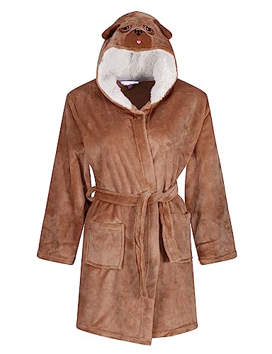 Ex UK Store Girls Dressing Gown Puppy Dog Novelty Hood Soft Luxury Plush Nightwear 7 to 13 Years (Pug 7/8y)