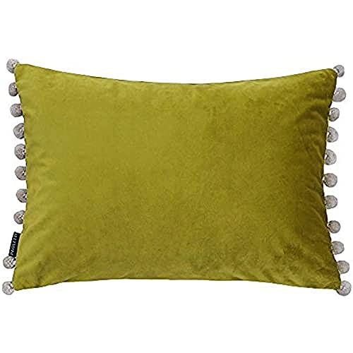 Riva Paoletti Fiesta Rectangular Filled Cushion Green Beige Pompom Edges-Faux Velvet Fabric-Discreet Zip Closure-100 Case (14" x 20" inches), Polyester, Bamboo/Natural, 35 x 50cm