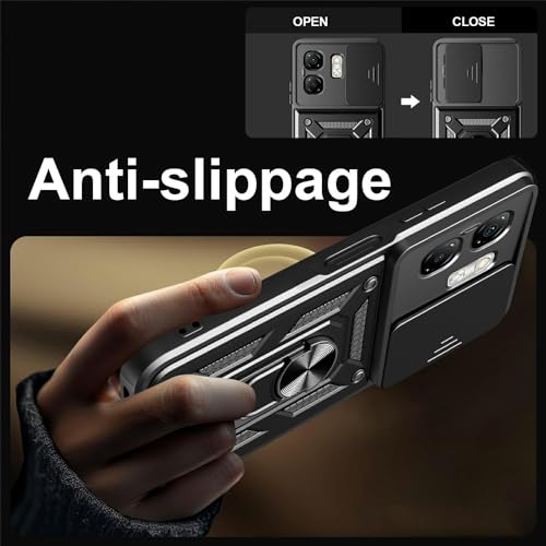 Image of Heavy Duty Back Case Cover for Infinix Smart 9 HD /Hot 50i 5G, Shockproof Infinix Smart 9 HD /Hot 50i Back Cover, Ring Case with Kickstand and Camera Protection Shutter - Black