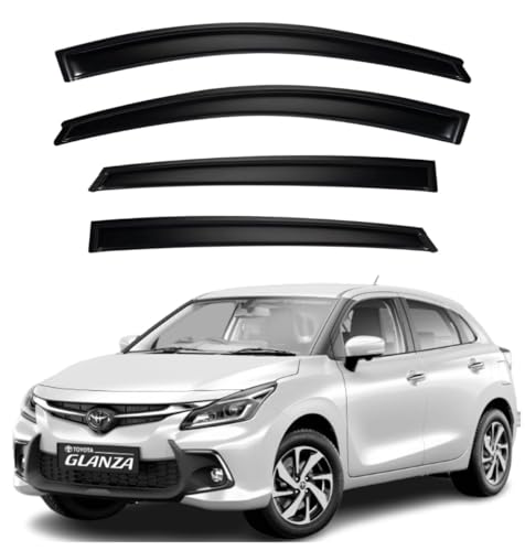Image of Premium Smoke Car Door Visor Front+Rear Sun /Rain Guard Outside Mount Tape-On Window Visors Compatible with Toyo-ta Glanza (2025-2026)